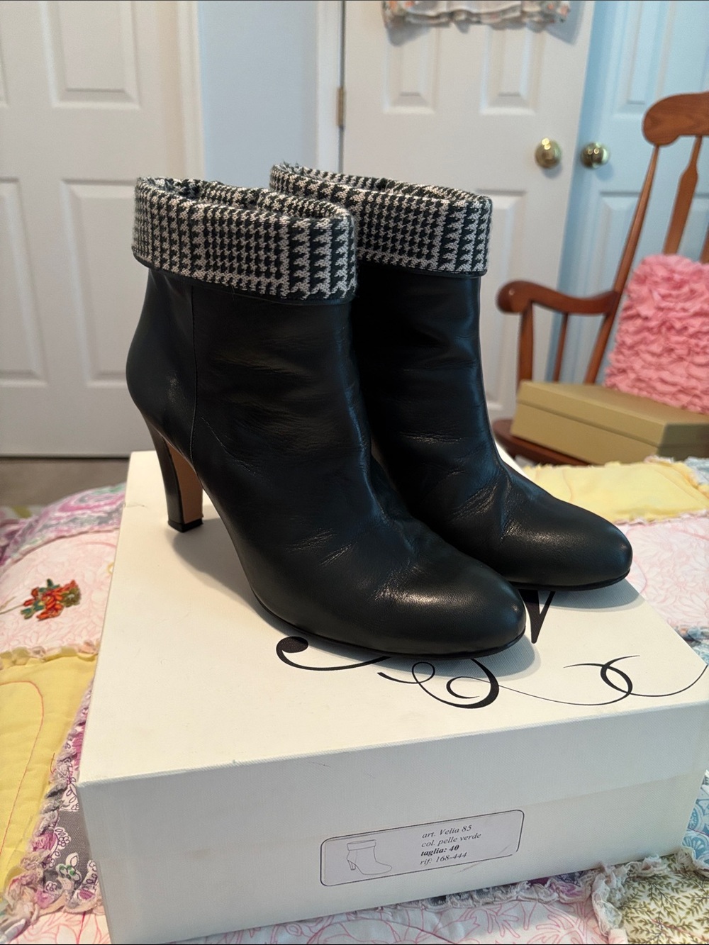 Dark Green Italian Leather Ankle Booties with Houndstooth Cuff